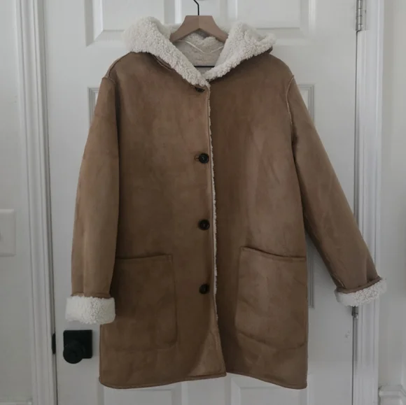 Mango Frigo Faux Shearling Lining Tan Hooded Coat Jacket Size S - Picture 3 of 8